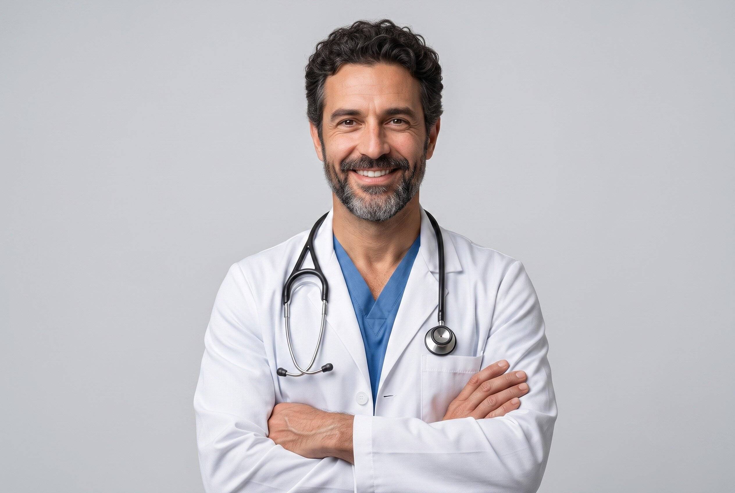 A US Doctor in Lab Coat and Stethoscope