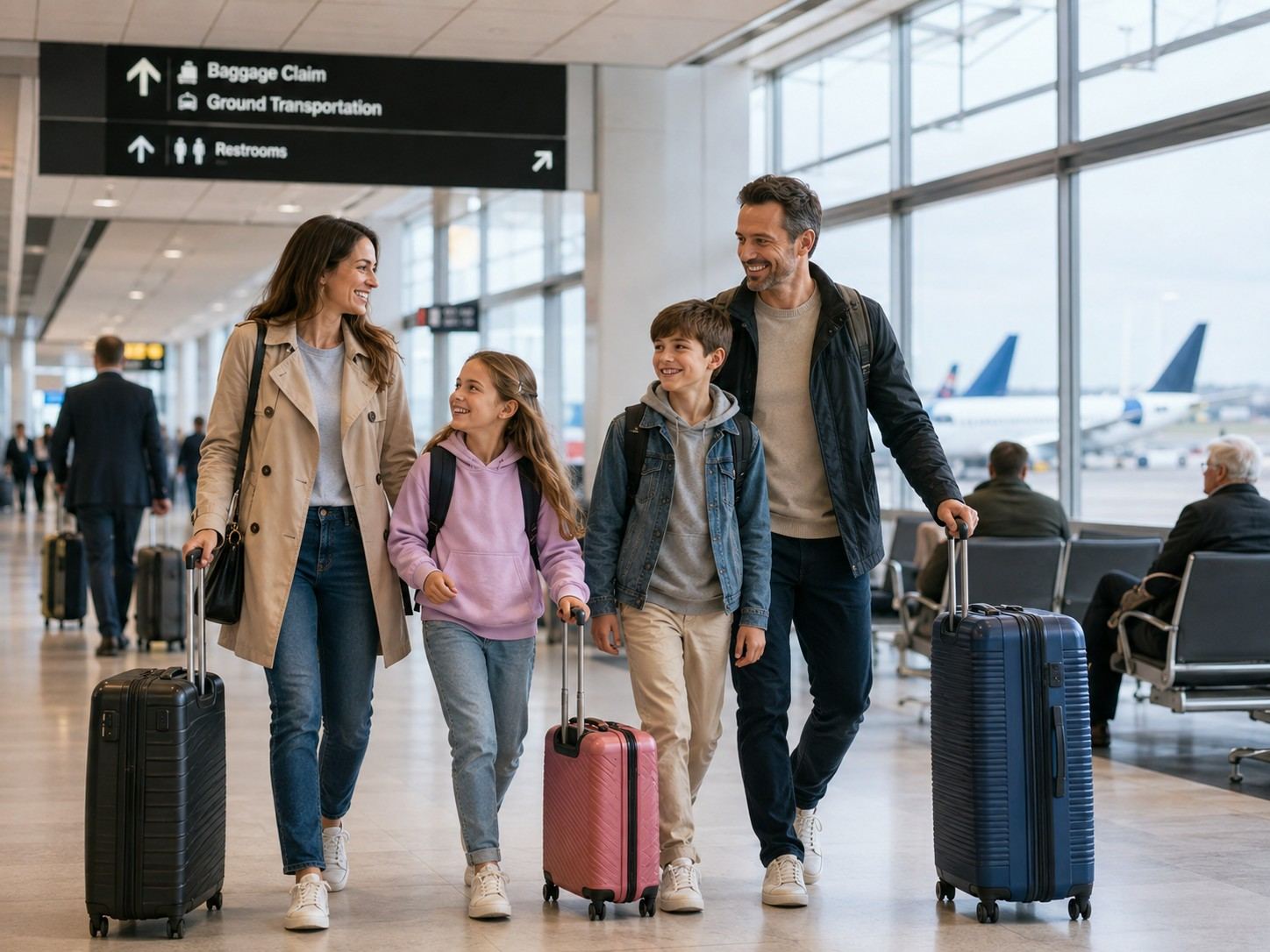 Family Of 4 Inside An American Airport