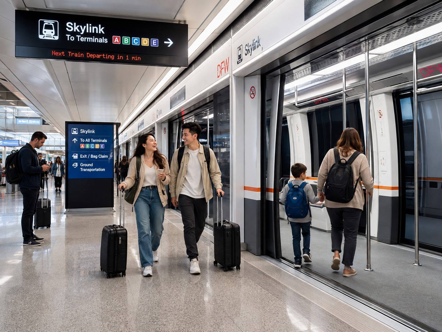 Travellers Heading Towards the Skylink Train in DFW Airport