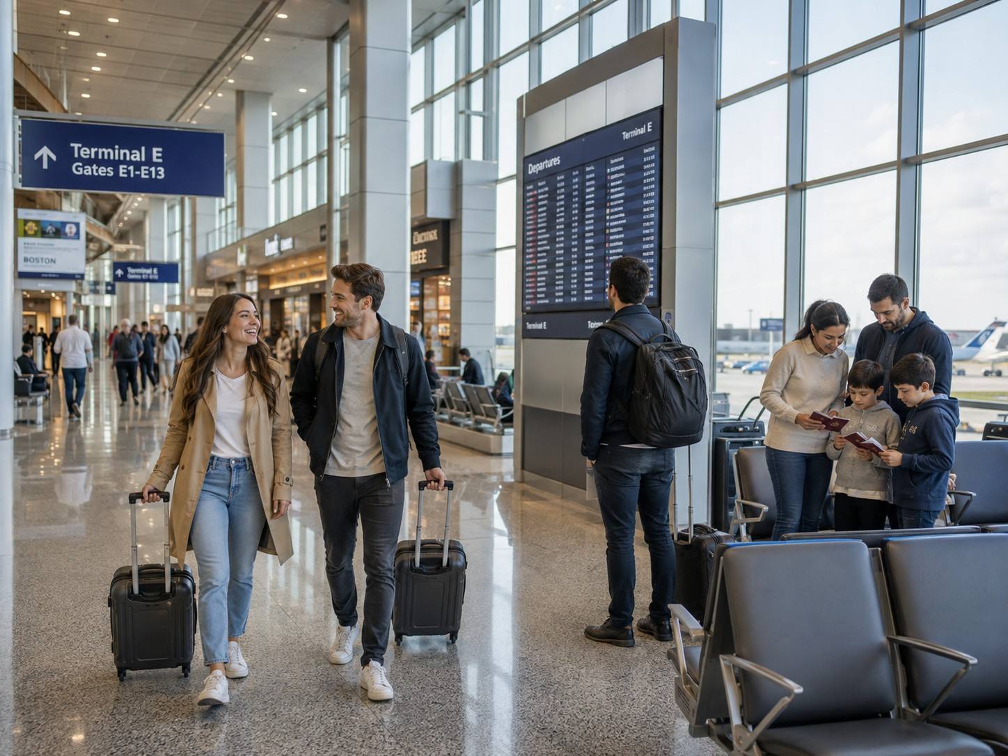 Travellers Walking Through Boston Logan International Airports Terminal E
